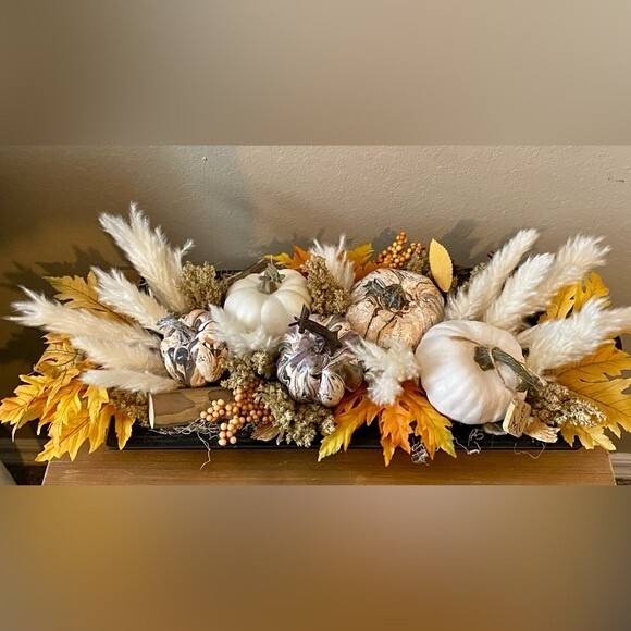 New Fall pumpkin centerpiece arrangement, acrylic resin pumpkins, plumes, decor